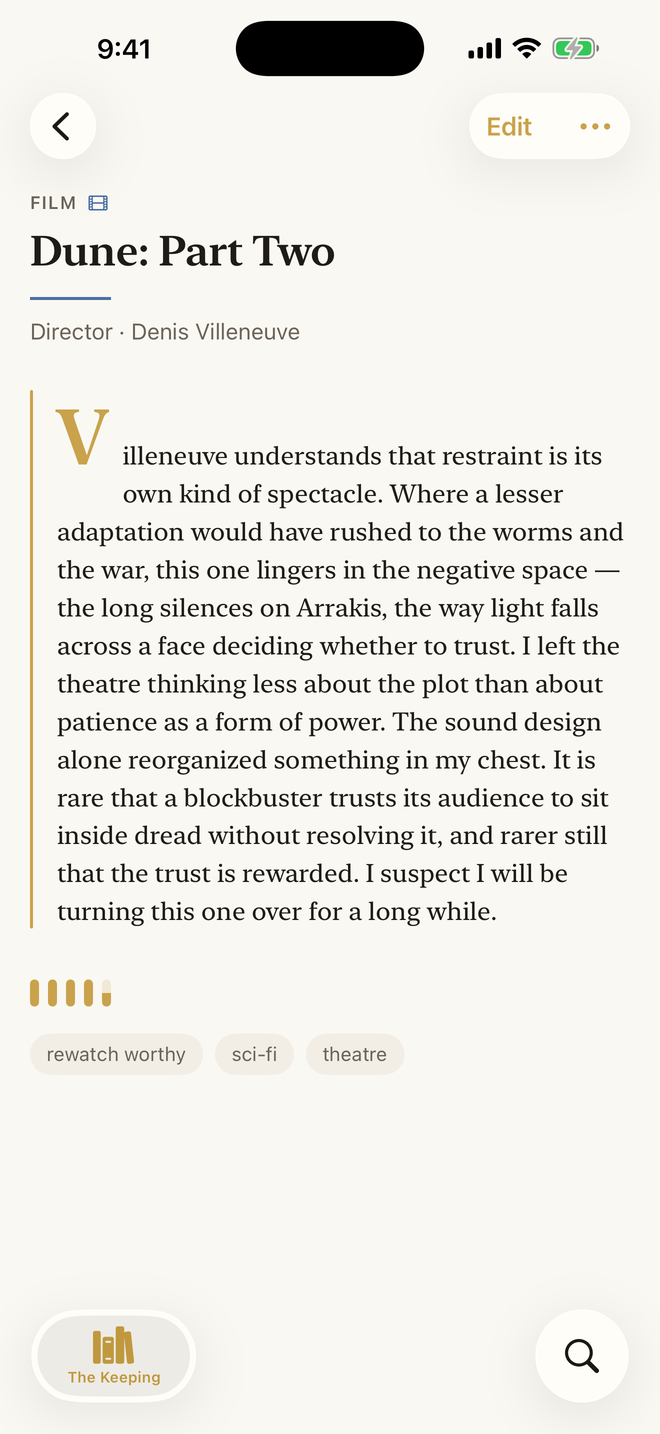 An entry in The Keeping — a written reflection set in an editorial serif with a drop cap